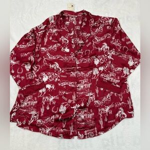 Free People Red Satin Dreamy Days Cowboy Print Pajama Top Large Rodeo Oversized